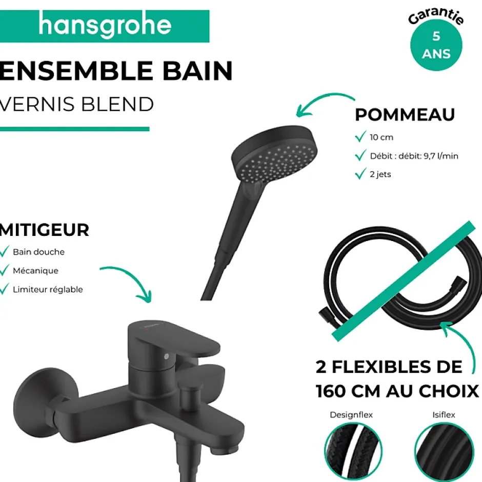 Hansgrohe Pack mitigeur bain douche Vernis Blend + Flexible Designflex + Pommeau Vernis Blend 100 Vario noir mat