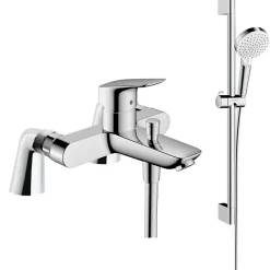 Hansgrohe Pack mitigeur bain douche Logis + ensemble de douche Crometta chromé avec colonnettes