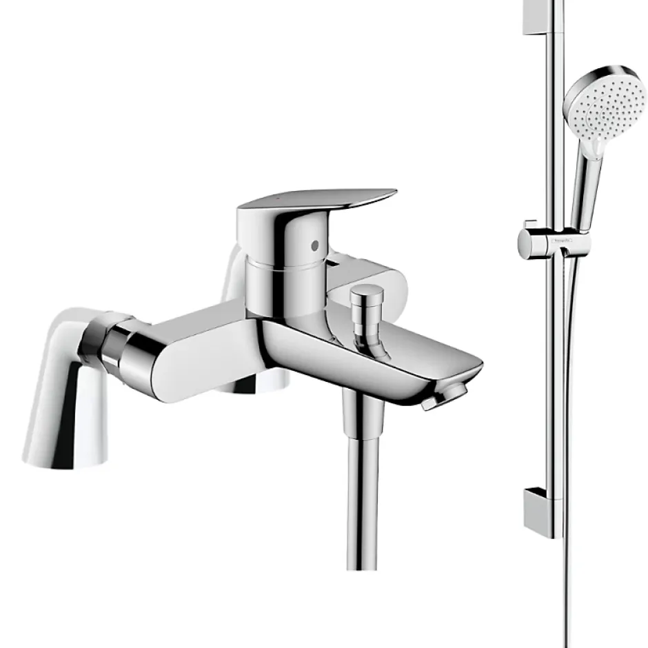 Hansgrohe Pack mitigeur bain douche Logis + ensemble de douche Crometta chromé avec colonnettes