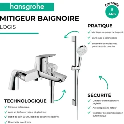 Hansgrohe Pack mitigeur bain douche Logis + ensemble de douche Crometta chromé avec colonnettes