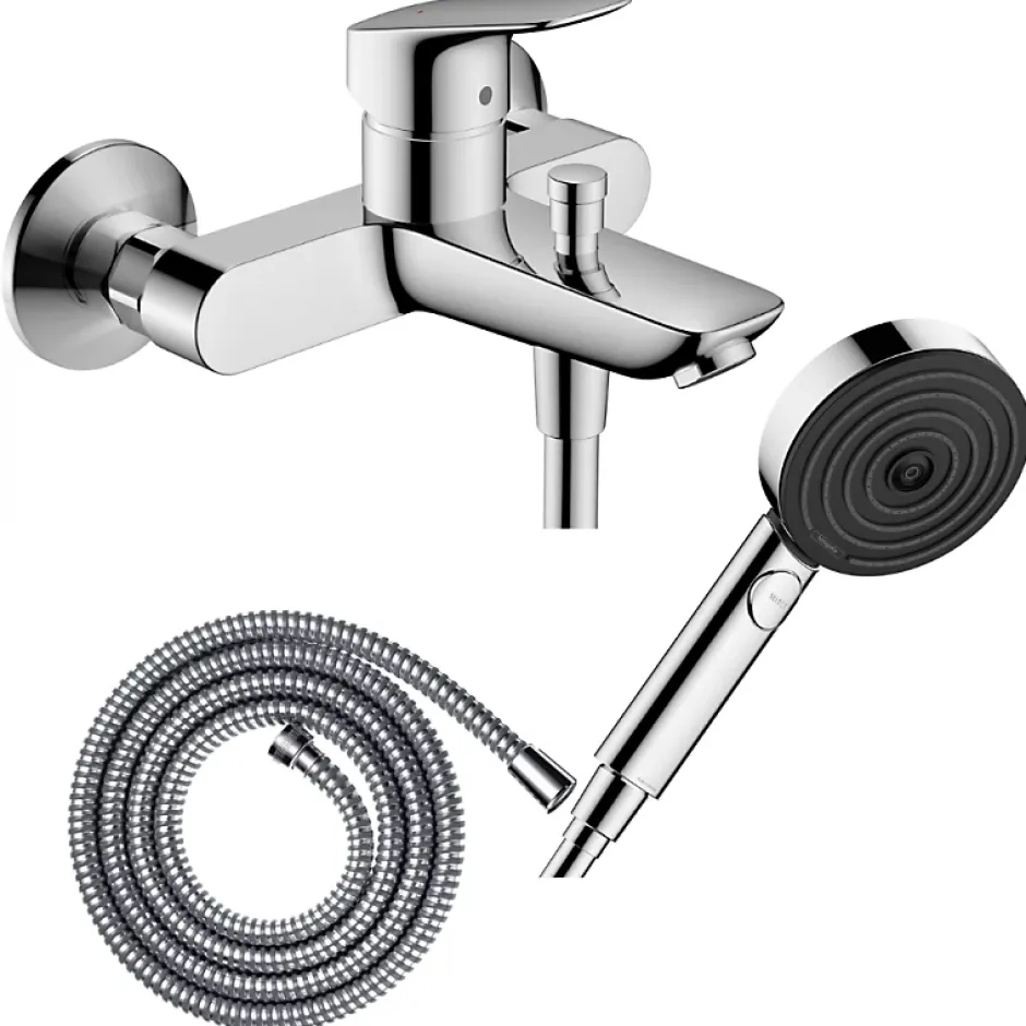 Hansgrohe Pack mitigeur bain douche mécanique Logis + Flexible Metaflex + Pommeau Pulsify Select EcoSmart 105 3jets chromé