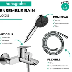 Hansgrohe Pack mitigeur bain douche mécanique Logis + Flexible Metaflex + Pommeau Pulsify Select EcoSmart 105 3jets chromé