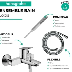 Hansgrohe Pack mitigeur bain douche mécanique Logis + Flexible Designflex + Pommeau Pulsify E 100 EcoSmart chromé