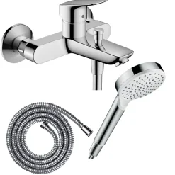 Hansgrohe Pack mitigeur bain douche mécanique Logis + Flexible Metaflex + Pommeau Vernis Blend 100 EcoSmart 1jet chromé