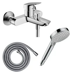 Hansgrohe Pack mitigeur bain douche mécanique Logis + Flexible Metaflex + Pommeau Vernis Blend 100 EcoSmart 2jets chromé* Robinet De Baignoire