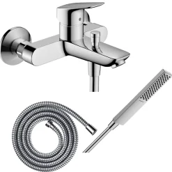 Hansgrohe Pack mitigeur bain douche mécanique Logis + Flexible Metaflex + Pommeau Pulsify E 100 EcoSmart chromé* Robinet De Baignoire