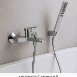 Hansgrohe Pack mitigeur bain douche mécanique Logis + Flexible Metaflex + Pommeau Pulsify E 100 EcoSmart chromé* Robinet De Baignoire