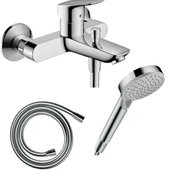 Hansgrohe Pack mitigeur bain douche mécanique Logis + Flexible Isiflex + Pommeau Vernis Blend 100 EcoSmart 2jets chromé* Robinet De Baignoire