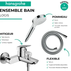 Hansgrohe Pack mitigeur bain douche mécanique Logis + Flexible Isiflex + Pommeau Vernis Blend 100 EcoSmart 2jets chromé* Robinet De Baignoire