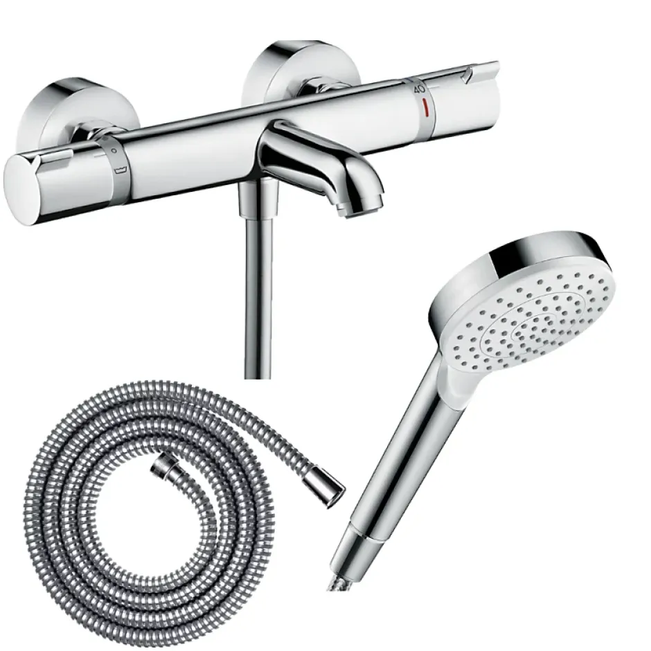 Hansgrohe Pack mitigeur bain thermostatique Ecostat Comfort + Flexible Metaflex 1,6m + Pommeau Vernis Blend EcoSmart chromé* Robinet De Baignoire