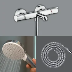 Hansgrohe Pack mitigeur bain thermostatique Ecostat Comfort + Flexible Metaflex 1,6m + Pommeau Vernis Blend EcoSmart chromé* Robinet De Baignoire