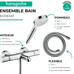 Hansgrohe Pack mitigeur bain thermostatique Ecostat Comfort + Flexible Metaflex 1,6m + Pommeau Vernis Blend EcoSmart chromé* Robinet De Baignoire