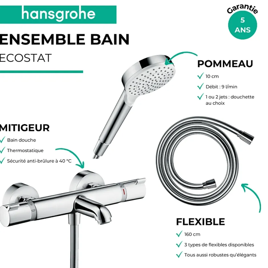 Hansgrohe Pack mitigeur bain thermostatique Ecostat Comfort + Flexible Metaflex 1,6m + Pommeau Vernis Blend EcoSmart chromé* Robinet De Baignoire