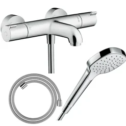 Hansgrohe Pack mitigeur bain thermostatique Ecostat 1001CL + Flexible Designflex + Pommeau Croma Select E EcoSmart blanc/chromé