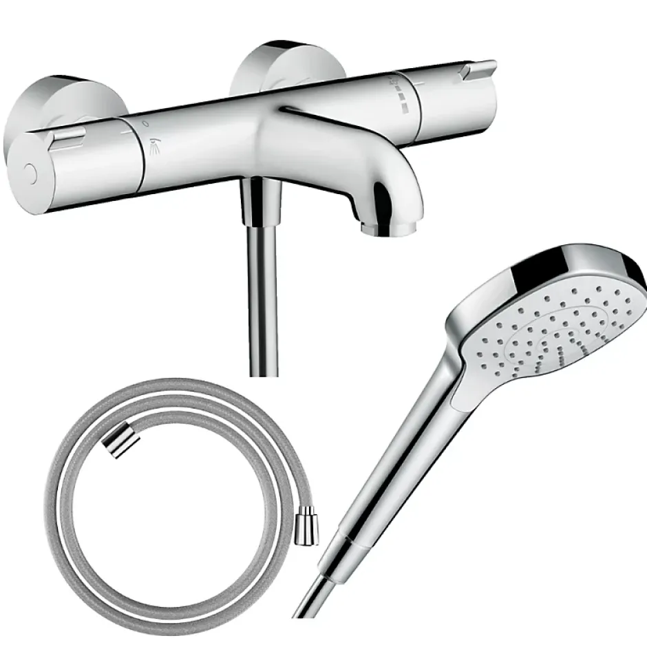 Hansgrohe Pack mitigeur bain thermostatique Ecostat 1001CL + Flexible Designflex + Pommeau Croma Select E EcoSmart blanc/chromé
