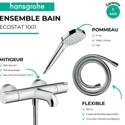 Hansgrohe Pack mitigeur bain thermostatique Ecostat 1001CL + Flexible Designflex + Pommeau Croma Select E EcoSmart blanc/chromé