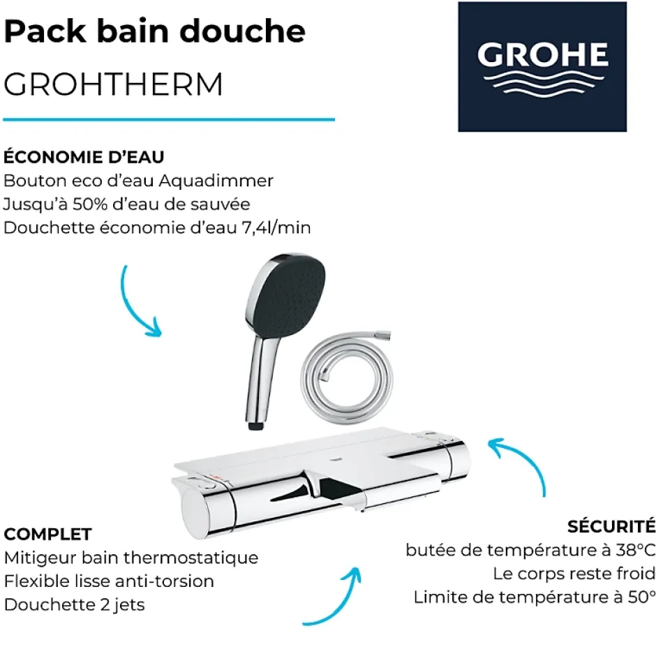 Grohe Pack mitigeur bain thermostatique Grohtherm 2000 + Douchette 2 jets Vitalio Comfort 110 + Flexible