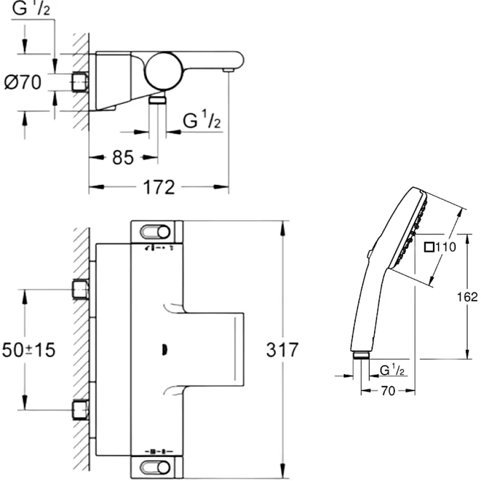 Grohe Pack mitigeur bain thermostatique Grohtherm 2000 + Douchette 2 jets Vitalio Comfort 110 + Flexible