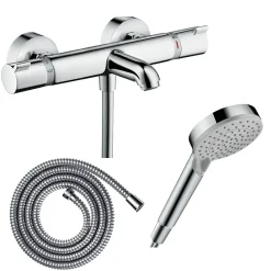 Hansgrohe Pack mitigeur bain thermostatique Ecostat Comfort + Flexible Metaflex 1,6m + Pommeau Vernis Blend EcoSmart 2 jets chromé* Robinet De Baignoire