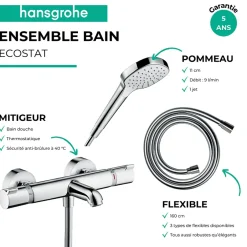 Hansgrohe Pack mitigeur bain thermostatique Ecostat Comfort + Flexible Designflex 1,6m + Pommeau Croma Select E EcoSmart chromé* Robinet De Baignoire