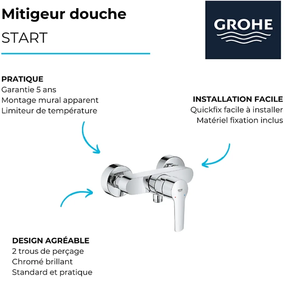 Grohe Pack mitigeur de douche Start 2021 avec ensemble de douche 2 jets chromé