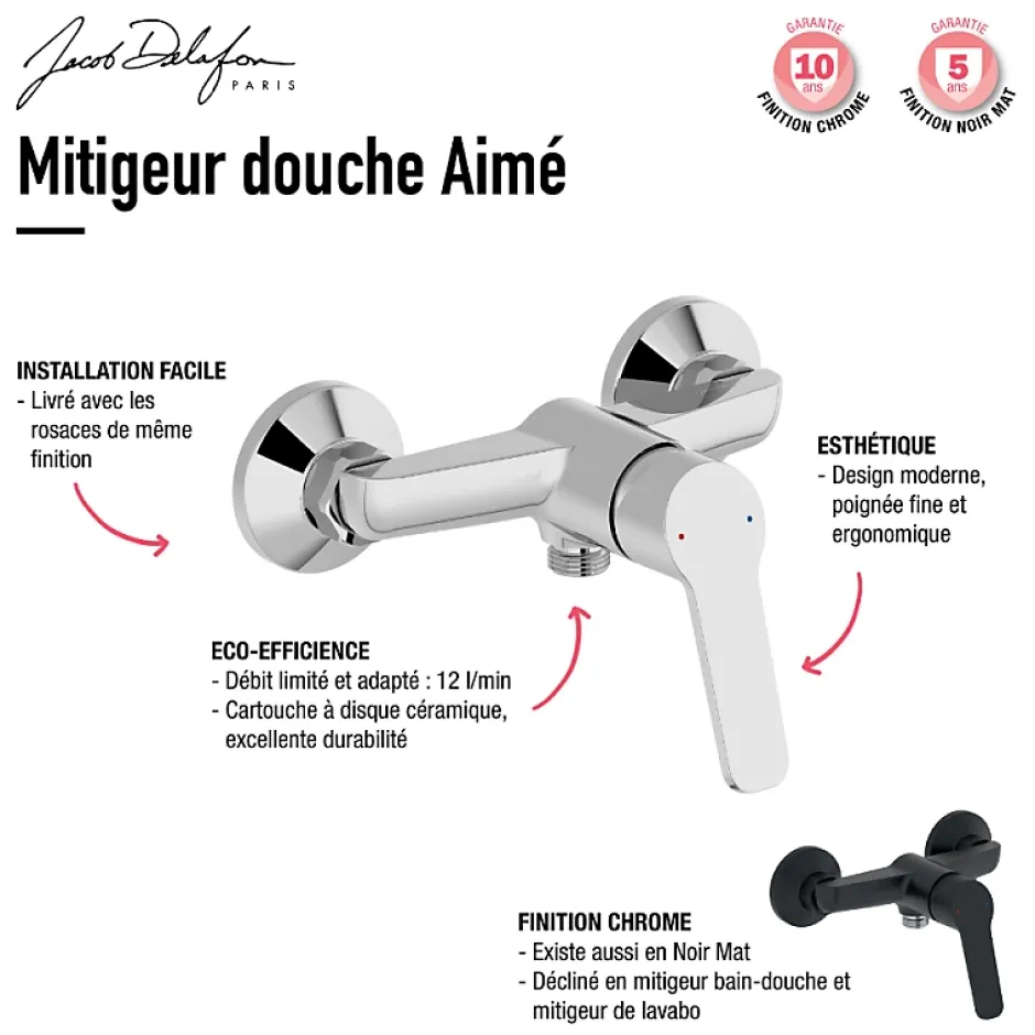 Jacob Delafon Pack mitigeur de douche mécanique Aimé noir + barre + pommeau de douche