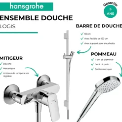Hansgrohe Pack mitigeur douche mécanique Logis + Barre Unica S Puro + flexible + Pommeau Croma Select E blanc/chromé