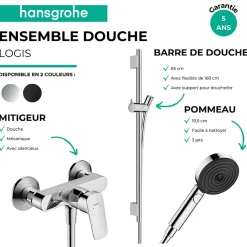 Hansgrohe Pack mitigeur douche mécanique Logis + Barre Unica S Puro + flexible + Pommeau Pulsify Select 3 jets chromé* Colonne De Douche Mécanique