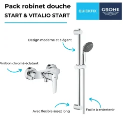 Grohe Pack mitigeur douche mécanique Start 2021 + ensemble de douche 2 jets Vitalio Start avec barre chromé