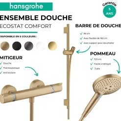 Hansgrohe Pack mitigeur douche thermostatique Ecostat Comfort + Barre Unica + flexible + Pommeau Raindance 3 jets bronze brossé* Colonne De Douche Thermostatique