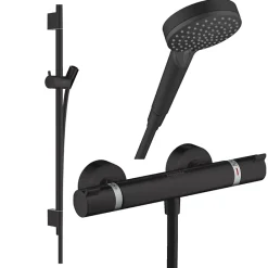 Hansgrohe Pack mitigeur douche thermostatique Ecostat Comfort + Barre Unica S Puro + flexible+ Pommeau Vernis Blend Vario noir mat* Colonne De Douche Thermostatique