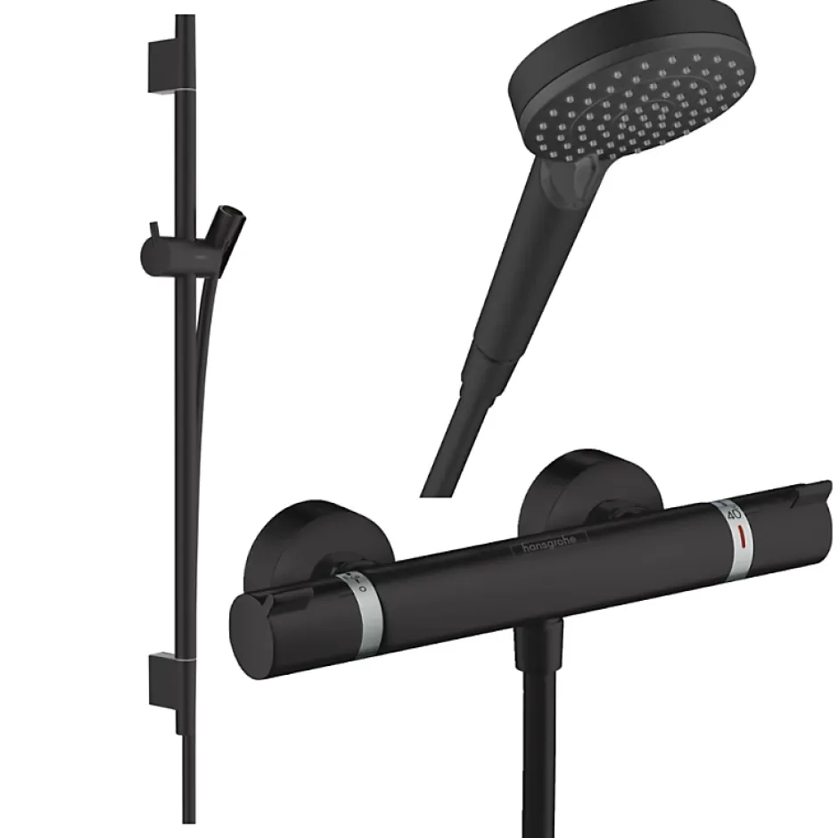 Hansgrohe Pack mitigeur douche thermostatique Ecostat Comfort + Barre Unica S Puro + flexible+ Pommeau Vernis Blend Vario noir mat* Colonne De Douche Thermostatique