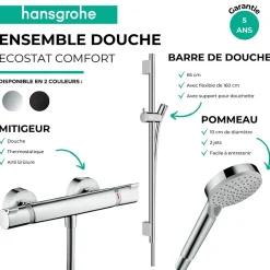 Hansgrohe Pack mitigeur douche thermostatique Ecostat Comfort + Barre Unica S Puro + flexible+ Pommeau Vernis Blend Vario noir mat* Colonne De Douche Thermostatique