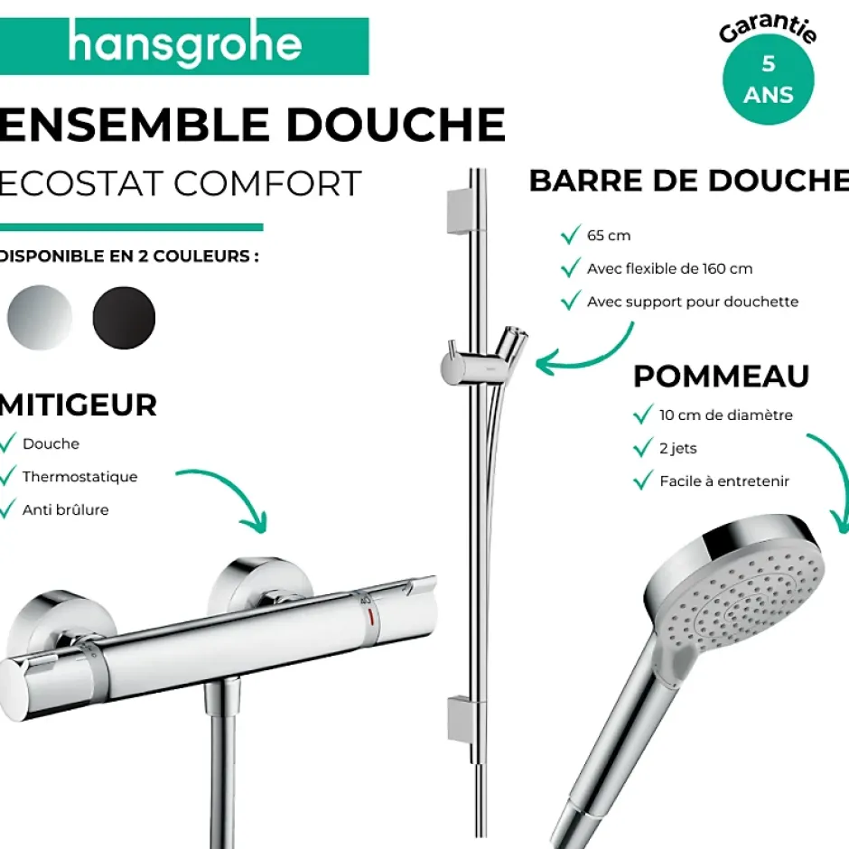 Hansgrohe Pack mitigeur douche thermostatique Ecostat Comfort + Barre Unica S Puro + flexible+ Pommeau Vernis Blend Vario noir mat* Colonne De Douche Thermostatique