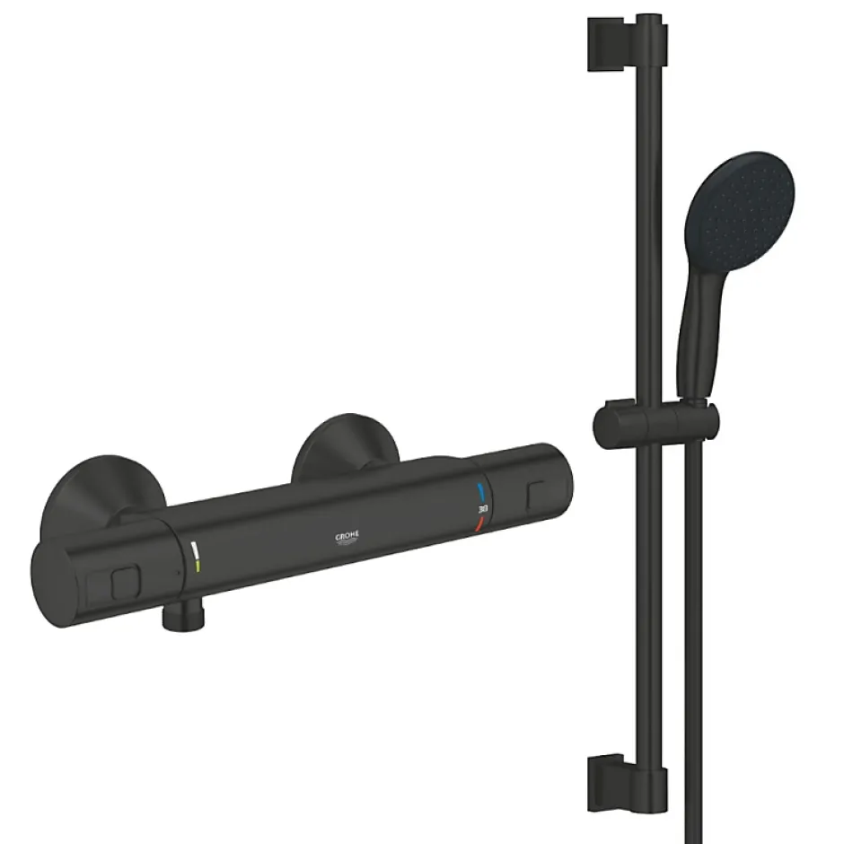 Grohe Pack mitigeur douche thermostatique Precision Start noir mat + ensemble Vitalio Start avec barre