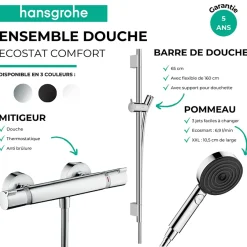 Hansgrohe Pack mitigeur douche thermostatique Ecostat Comfort + Barre Unica + flexible + Pommeau Pulsify Select 3 jets noir mat* Colonne De Douche Thermostatique
