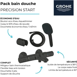Grohe Pack mitigeur Thermostatique bain douche Precision Start + Douchette 2 jets Vitalio Comfort 110 avec flexible et support