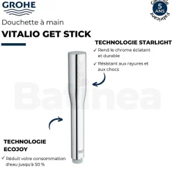 Grohe Pack mitigeur thermostatique Grohtherm 800 avec colonnettes + Douchette 1 jet Vitalio Get Stick + Flexible 1750 mm* Robinet De Baignoire