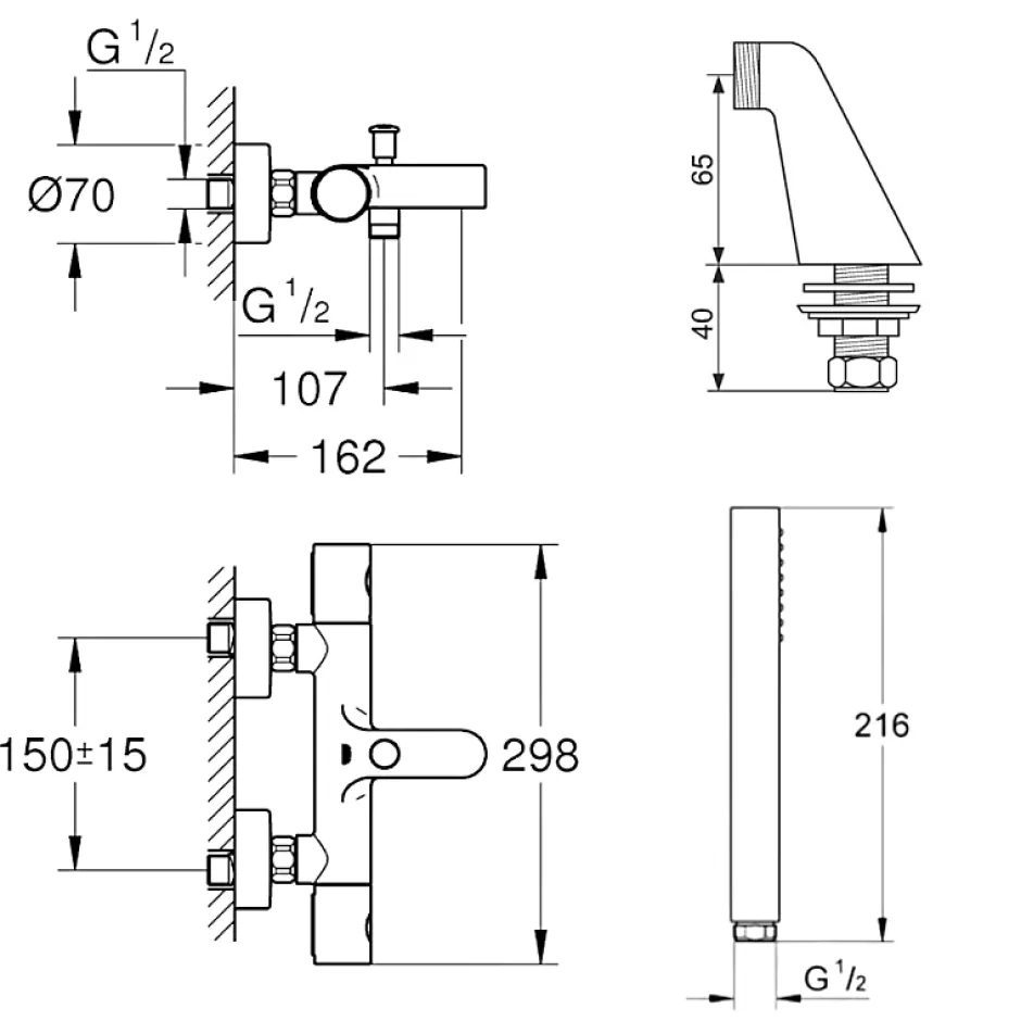 Grohe Pack mitigeur thermostatique Grohtherm 800 avec colonnettes + Douchette 1 jet Vitalio Get Stick + Flexible 1750 mm* Robinet De Baignoire