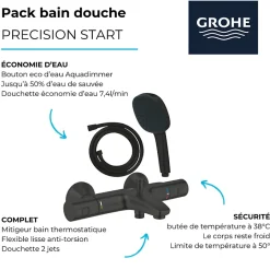Grohe Pack mitigeur Thermostatique bain douche Precision Start + Douchette 2 jets Vitalio Comfort 110 et flexible