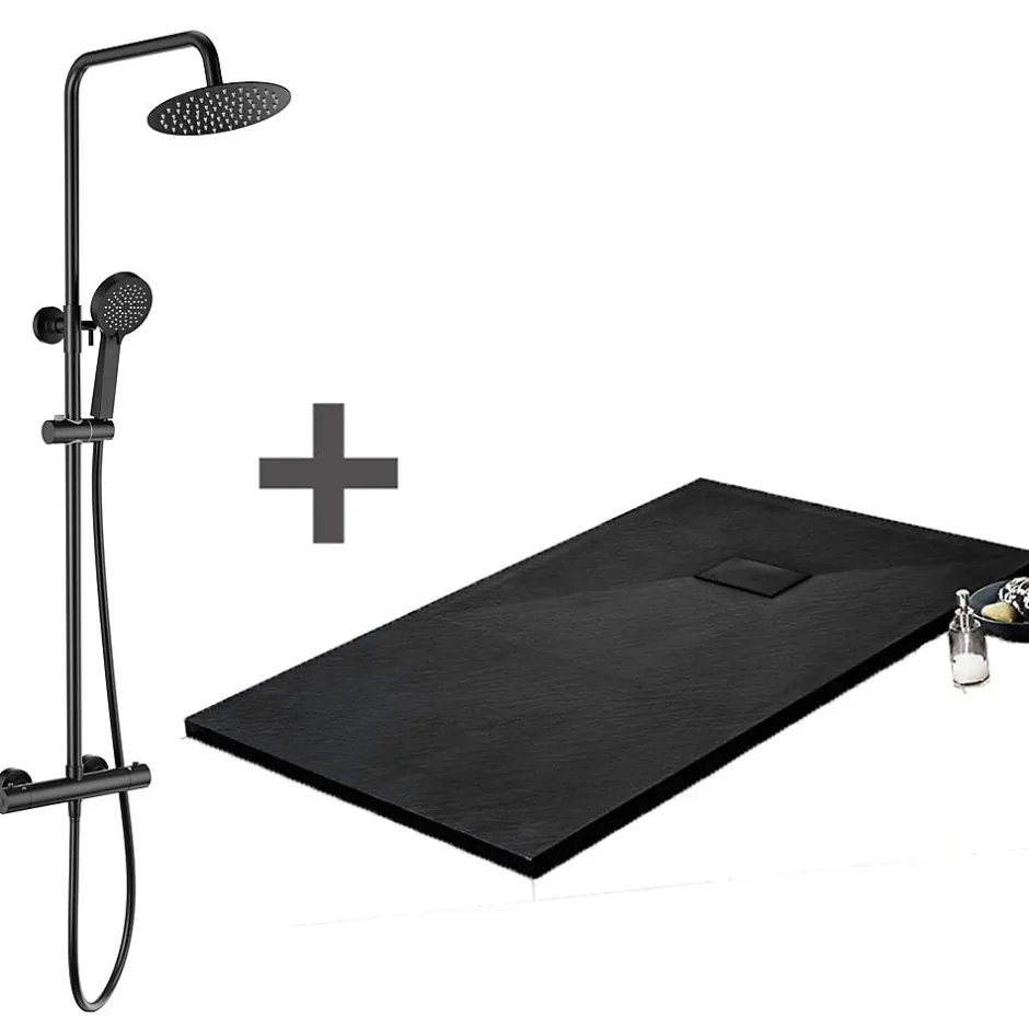 Stano Pack Receveur de douche 90 x 140 cm extra plat noir + Colonne de douche thermostatique* Receveur De Douche
