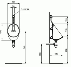 Porcher Pack urinoir - Applique - - Sans bonde - 290x315x745 mm* Urinoir
