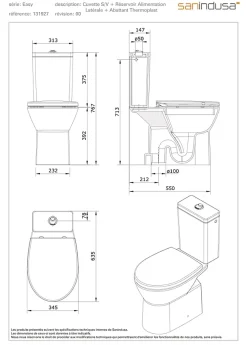 Sanindusa Pack WC au sol céramique traditionnelle Easy évacuation par dessous alim. chasse d'eau par le côté blanc