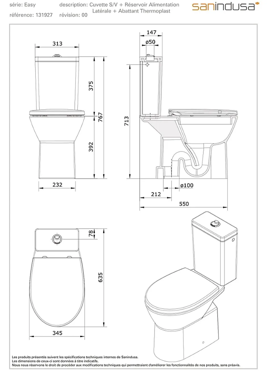 Sanindusa Pack WC au sol céramique traditionnelle Easy évacuation par dessous alim. chasse d'eau par le côté blanc