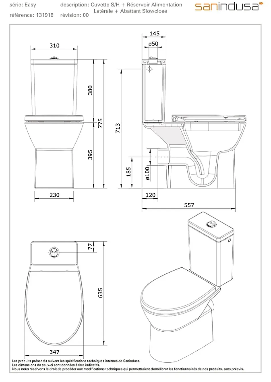Sanindusa Pack WC au sol céramique traditionnelle Easy évac. arrière alim. chasse par le côté abattant frein de chute blanc* Wc À Poser