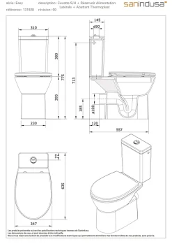 Sanindusa Pack WC au sol Easy évac. arrière alim. chasse par le côté abattant thermoplast blanc inclus