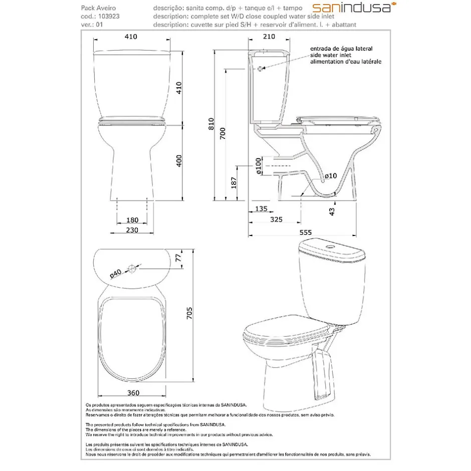 Sanindusa Pack WC Aveiro évacuation arrière alimentation chasse d'eau par le côté blanc* Wc À Poser