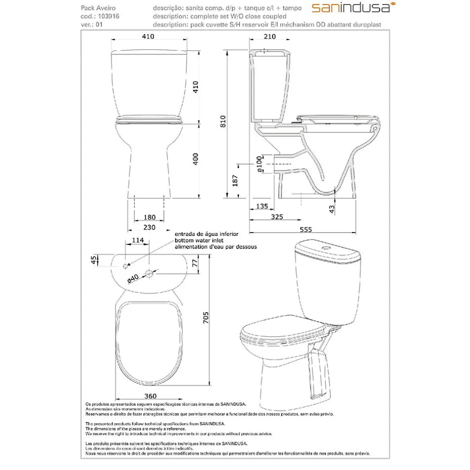 Sanindusa Pack WC Aveiro évacuation arrière alimentation chasse d'eau par dessous blanc