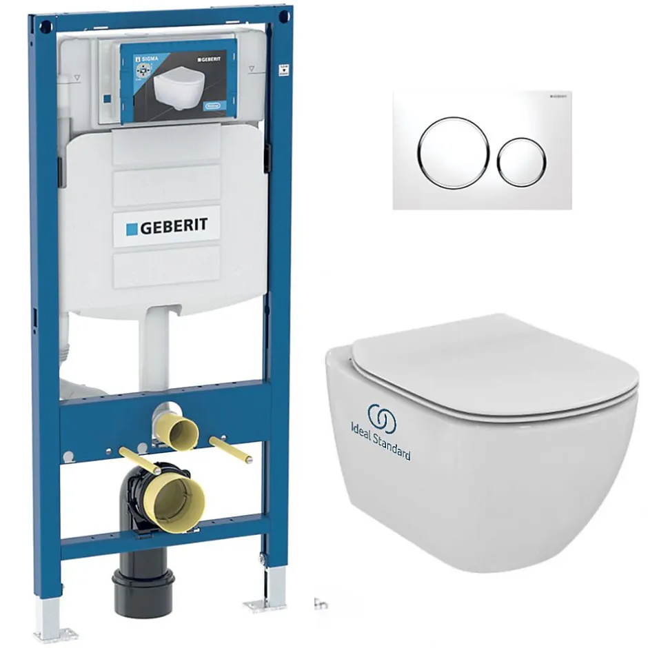 Geberit Pack WC Bati Duofix + Cuvette Ideal Standard Tesi Aquablade + Plaque de commande Sigma20 Blanc chrome + bati support