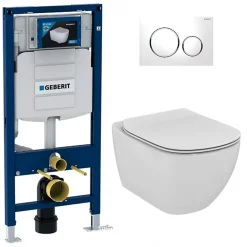 Geberit Pack WC Bati Duofix + Cuvette Ideal Standard Tesi Aquablade + Plaque de commande Sigma20 Blanc chrome + bati support